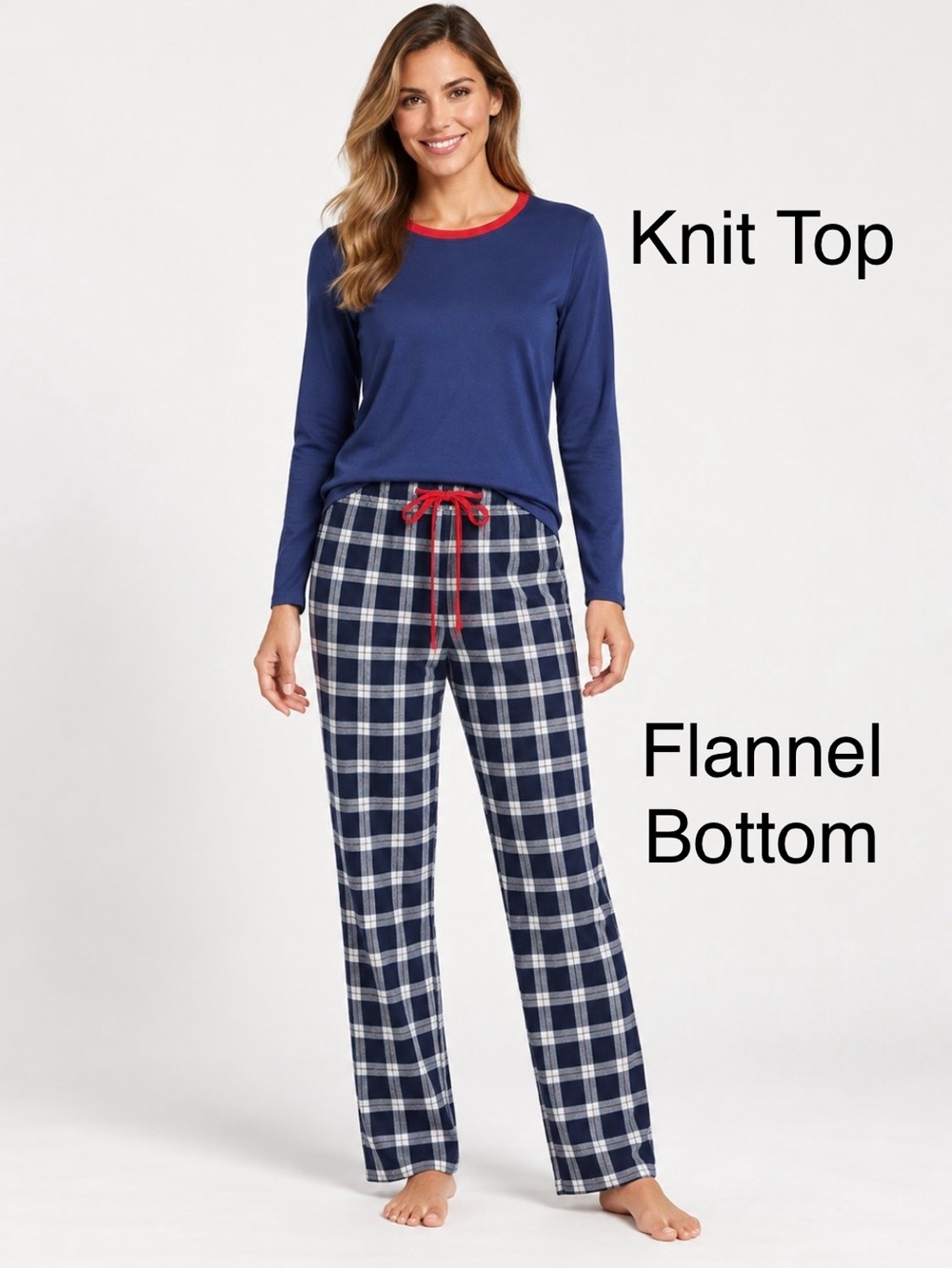 LANDSEND WOMENS PJ SET Knit Tee Shirt Top & Cotton Flannel Pants